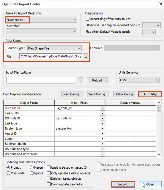 The Open Data Import Center showing settings to import river reach center lines for this exercise.