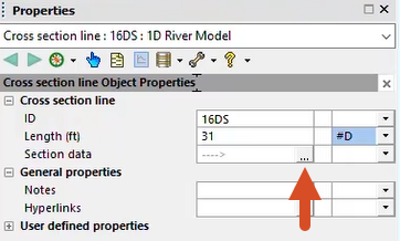 The Properties window for a cross section line, with the More button in the Section data field highlighted.