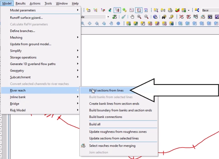 The Model menu with River reach selected, and in the flyout, Build sections from lines selected and called out.