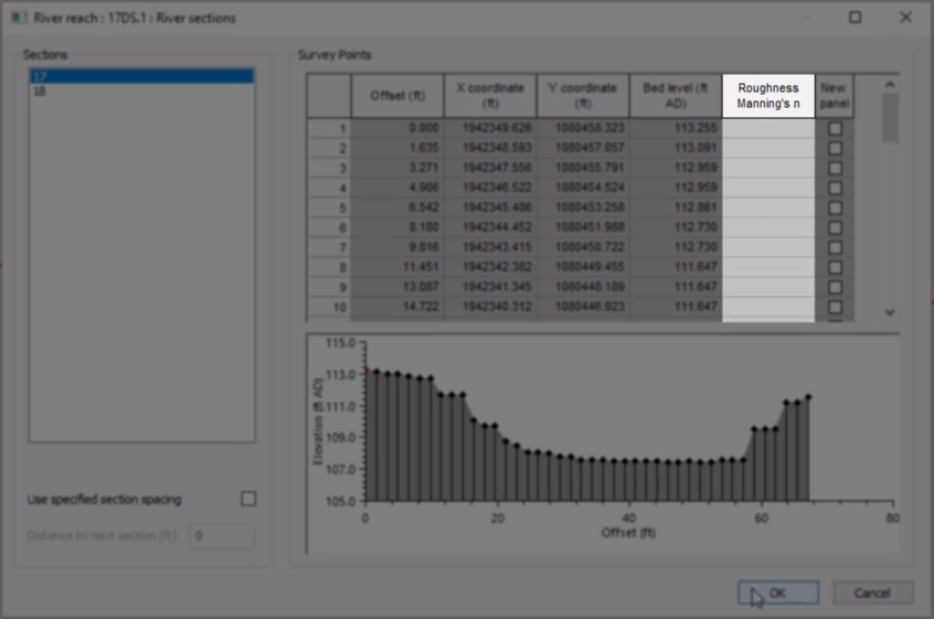 In the River sections data window, the Roughness Mannings column is highlighted to show the missing values.