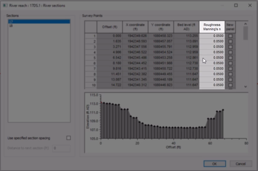 In the River sections data window, the Roughness column is highlighted to show the populated values.