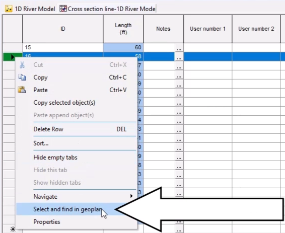 In the New lines window, the cross section 16 shortcut menu, with the Select and find in geoplan option selected and called out.