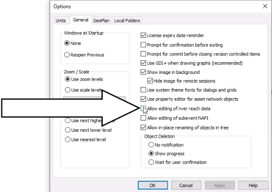 In the Options dialog box, General tab, Allow editing of river reach data is selected and highlighted.