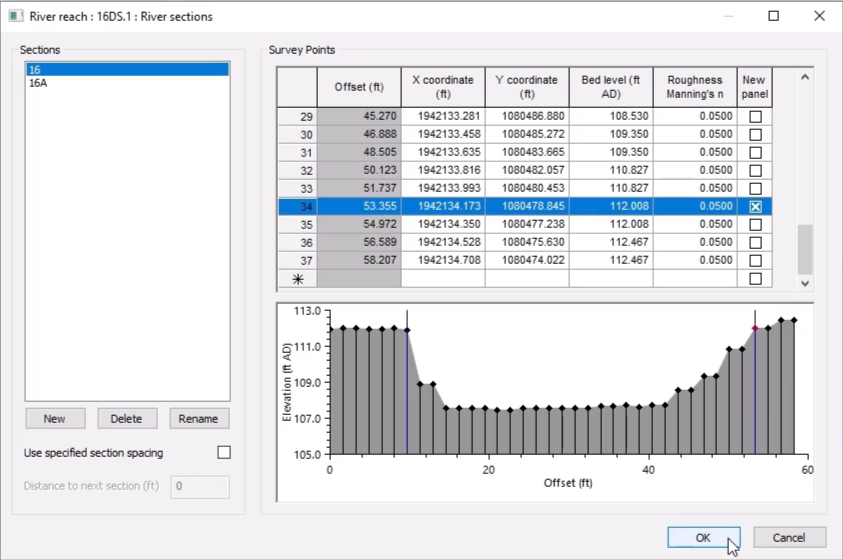 In the River sections data window, row 34 is selected with New panel enabled, and OK is selected.