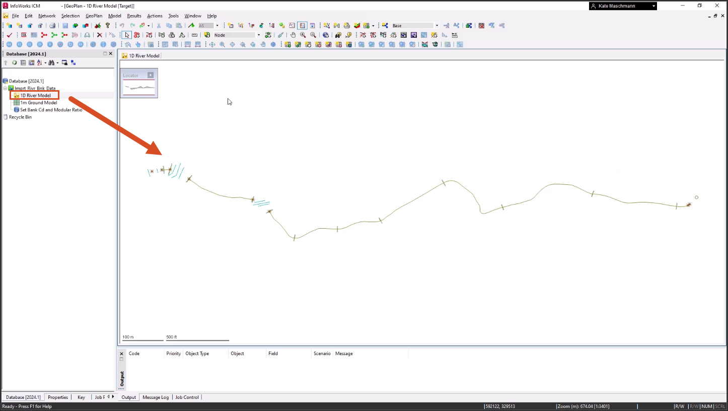 The InfoWorks ICM GeoPlan showing the river model, with the 1D River Model highlighted in the Model Group as having been opened.