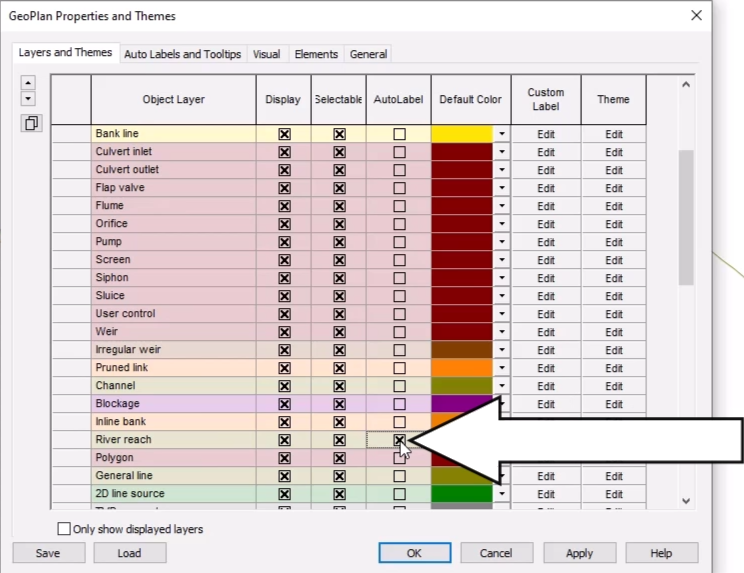 In the Properties & Themes dialog box, Layers and Themes tab, River reach row, AutoLabel is enabled and called out.