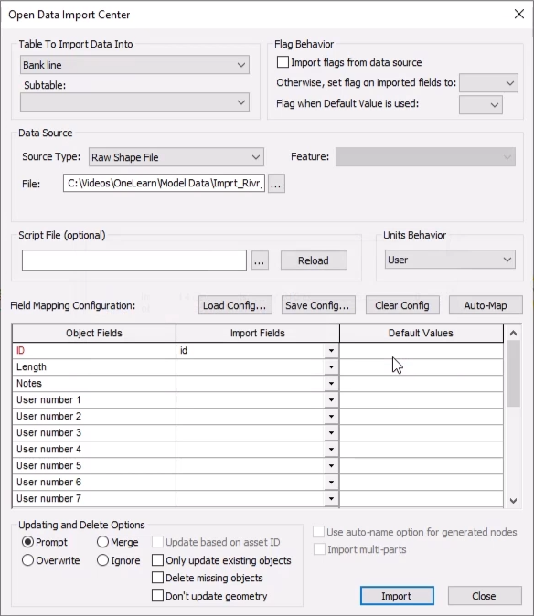 The ODIC, with all parameters set to import the raw shapefile Bank Lines.shp and Import is highlighted.