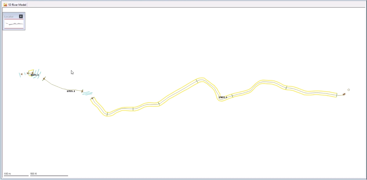 The GeoPlan showing the four imported bank lines as lines on the left and right of the existing river reaches.