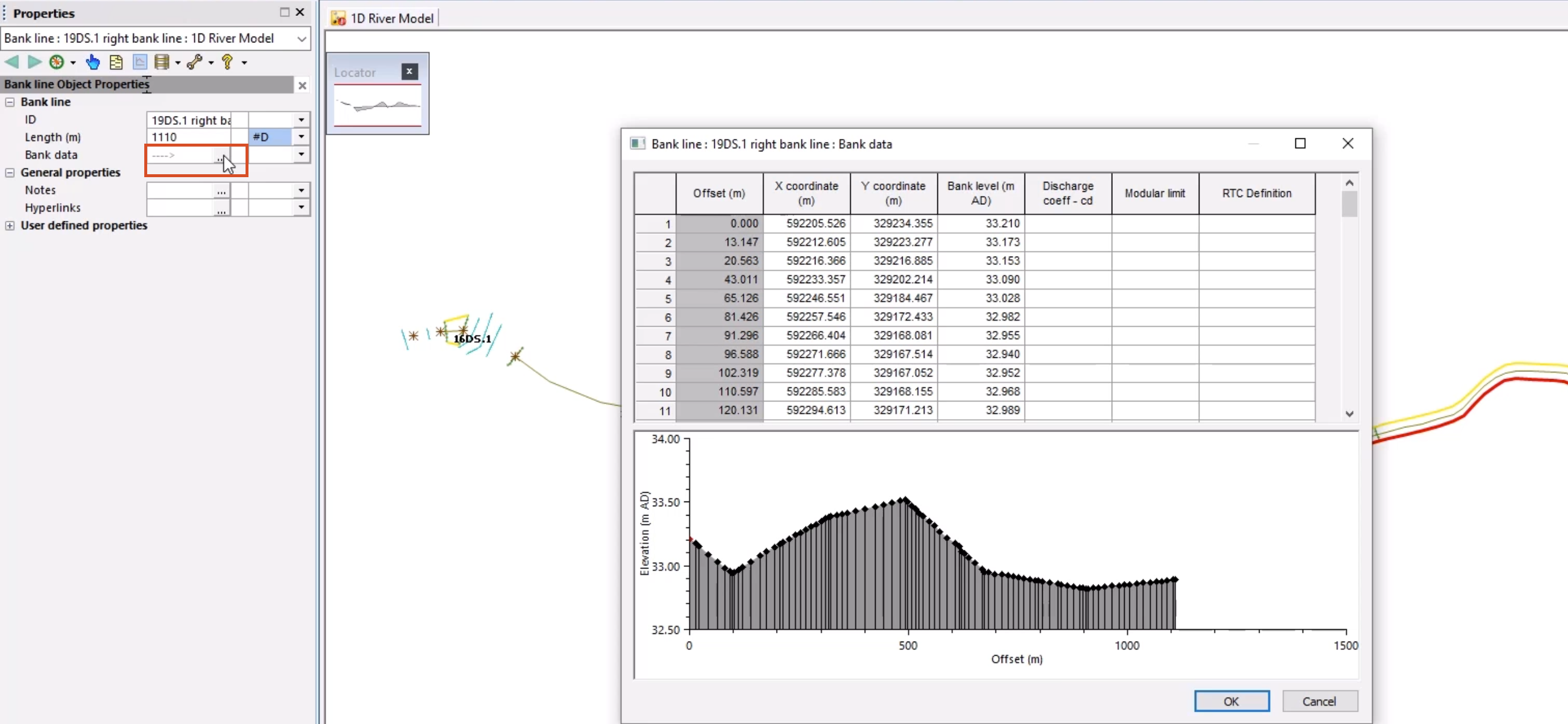 On the GeoPlan, the bank line selected; in the Properties window, next to Bank data, the More button selected; and in the Bank data window, a table and a graph of the bank line data.