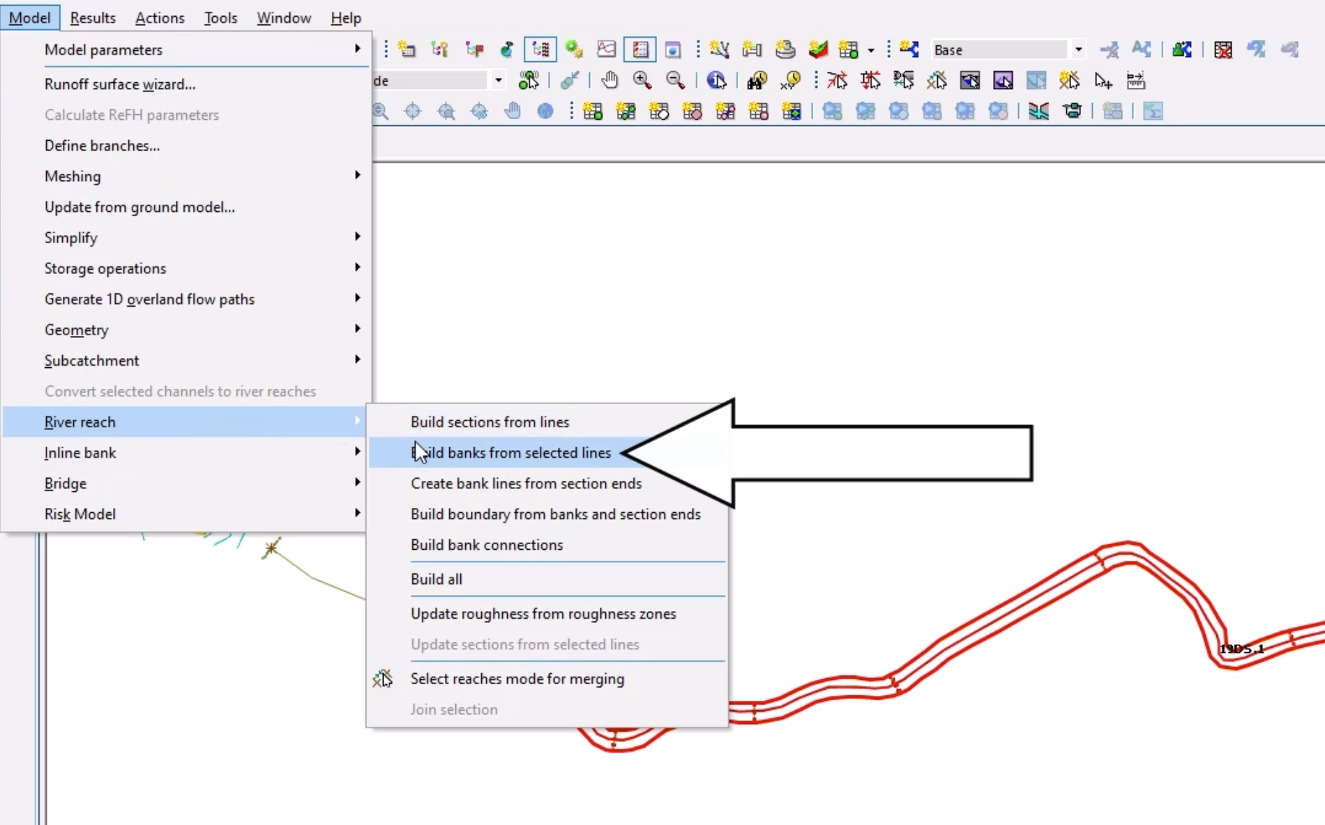 On the GeoPlan, the river reach and both bank lines selected; and in the Model menu, River reach selected, with the Build banks from selected lines option selected in the flyout.