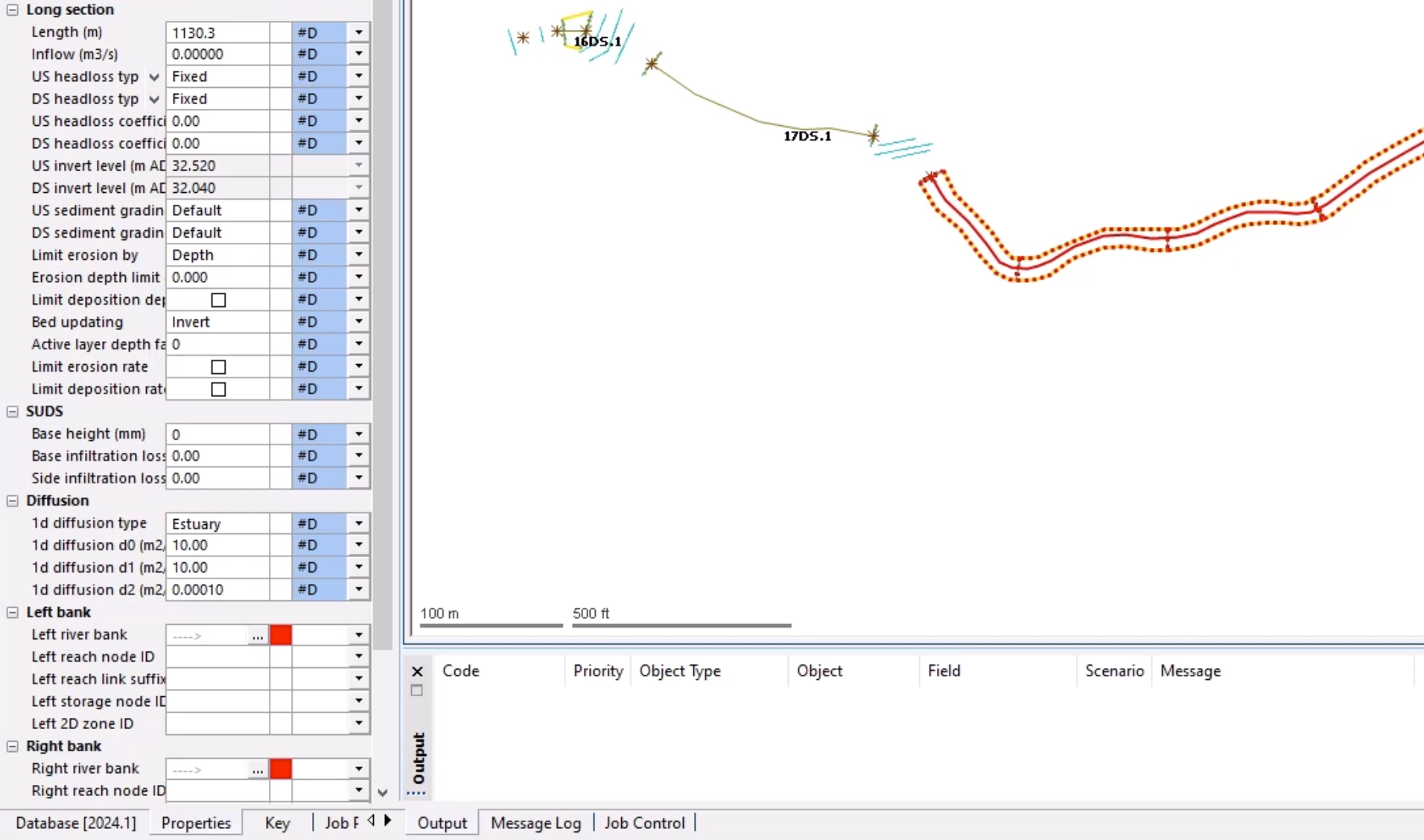 On the GeoPlan, the bank lines appear as dotted lines, and in the Properties window, the populated bank line data appears with validation errors.