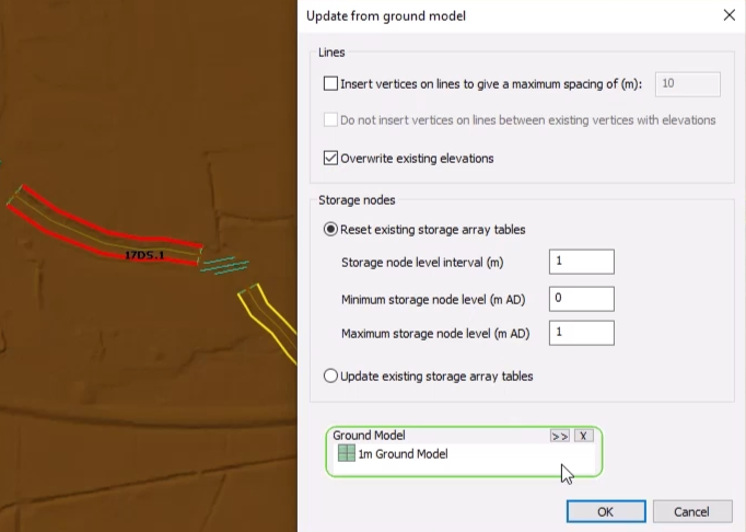 In the GeoPlan, both banks are selected, and in the Update from ground model dialog box, Overwrite existing elevations is enabled.