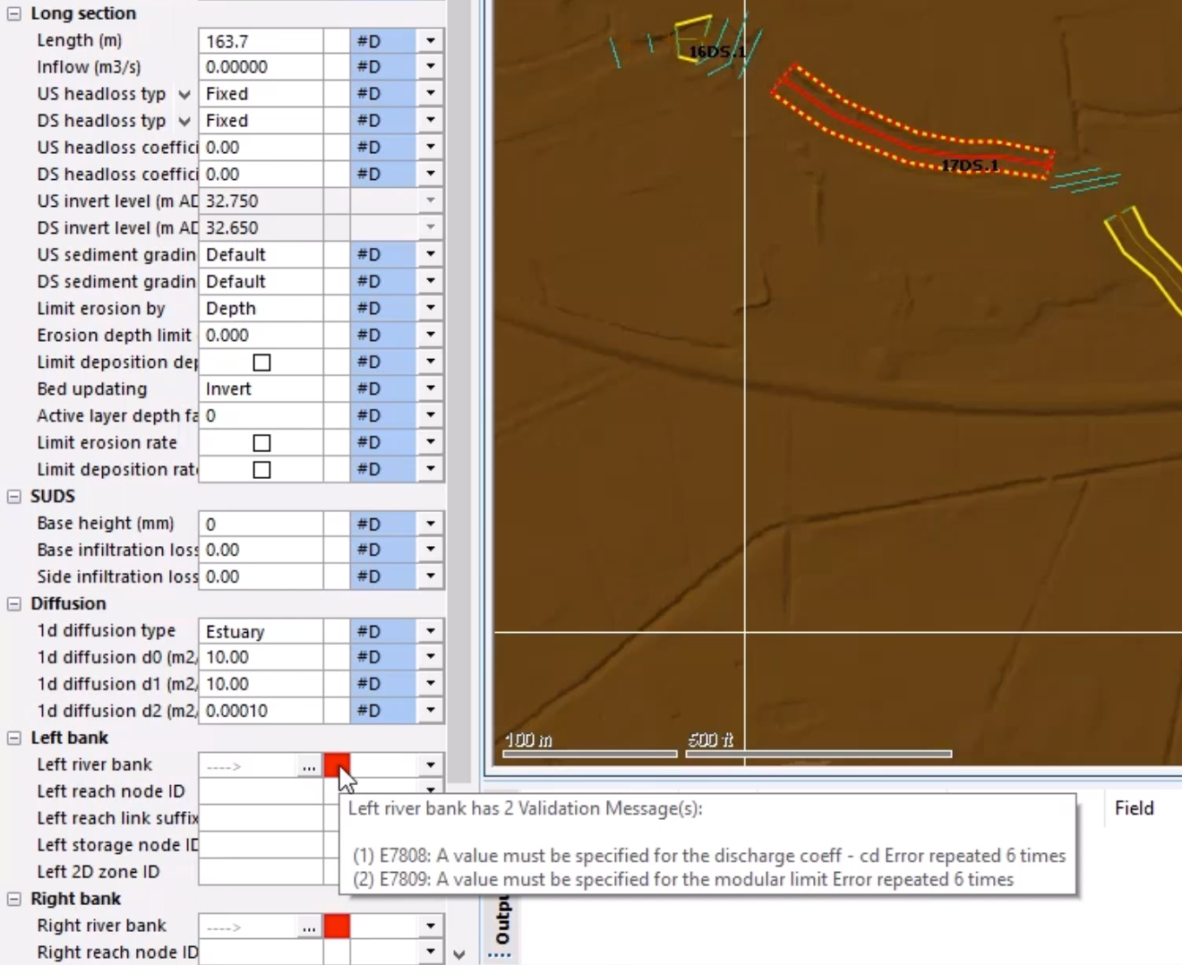 In the Properties window, the Left and Right river bank fields have red in-line validation errors, and in the GeoPlan, the river reach for this exercise is highlighted, with dotted yellow bank lines.