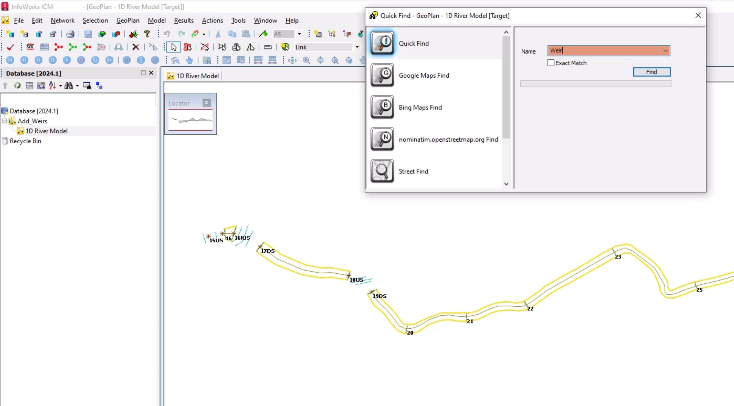 In the InfoWorks ICM interface, the 1D River Model open on the GeoPlan, and in the Quick Find dialog box, “Weir” is entered in the Name field.