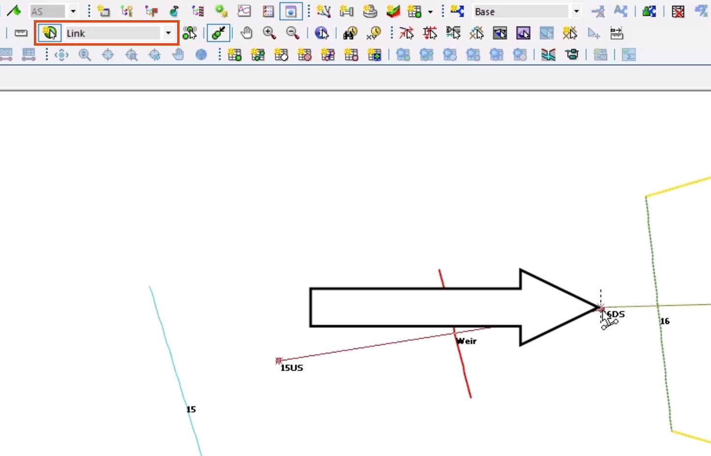 In the GeoPlan Tools toolbar, Link selected in the New Object Type combo box; and on the GeoPlan, a line drawn from node 15US to node 16DS and called out at the endpoint.