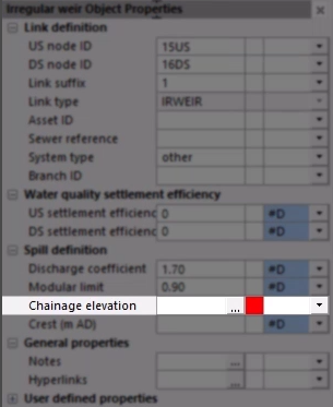 In the Properties window, in the Chainage elevation row, the inline validation field is red.