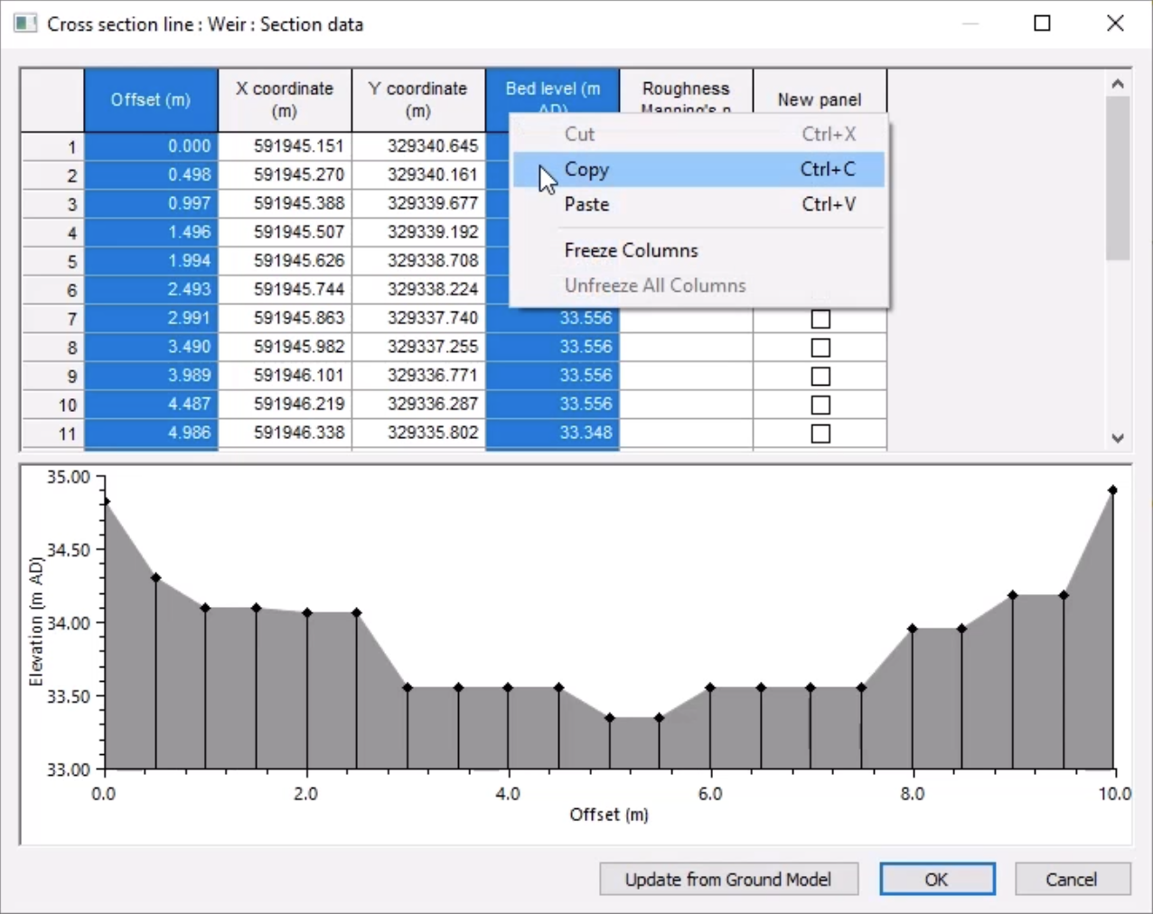 In the Section data window, the Offset (m) column and Bed level (m AD) column are selected, and in the shortcut menu, Copy is selected.