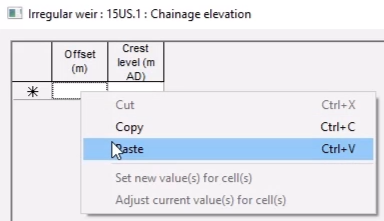 In the Chainage elevation table, the shortcut menu for the first blank cell with Paste highlighted.