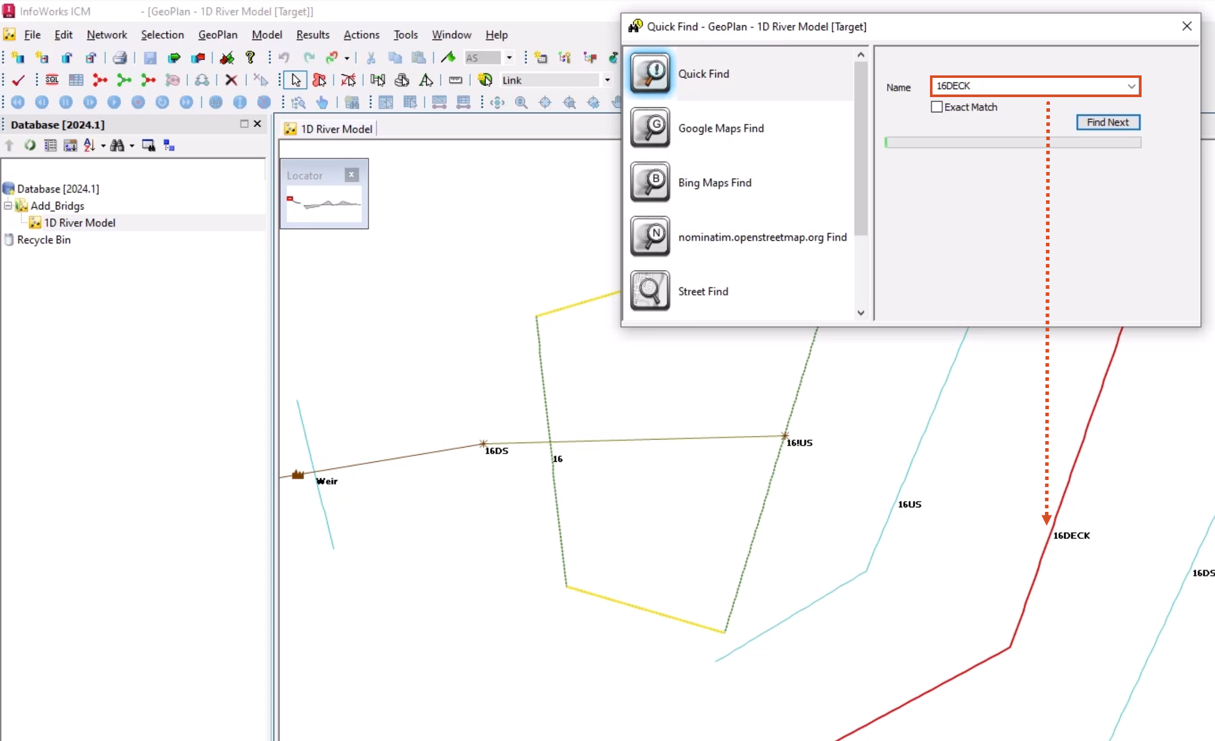 In the InfoWorks ICM user interface, 1D River Model is highlighted in the Explorer and open on the GeoPlan; and from the Quick Find dialog box, an arrow connects the Name 16DECK with the found location on the GeoPlan.