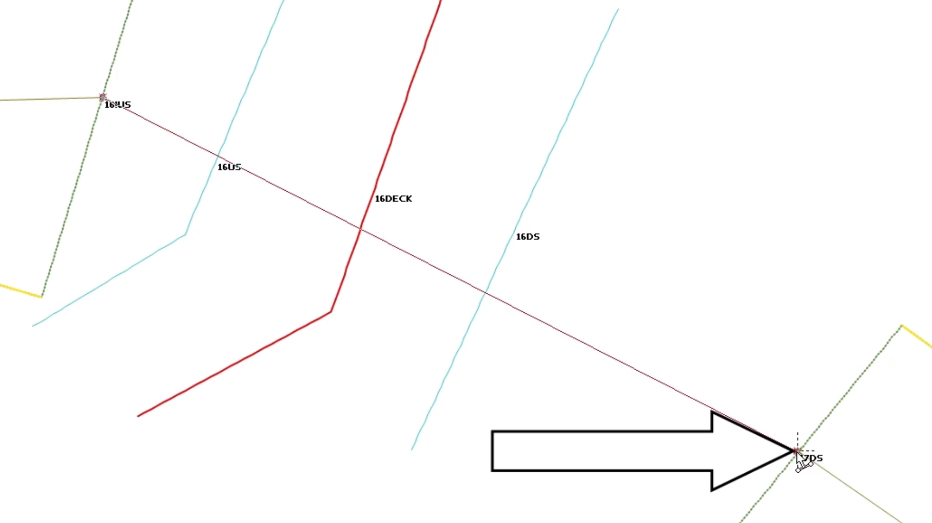 On the GeoPlan, a new link is drawn from node 16!US to node 17DS, with the endpoint called out.