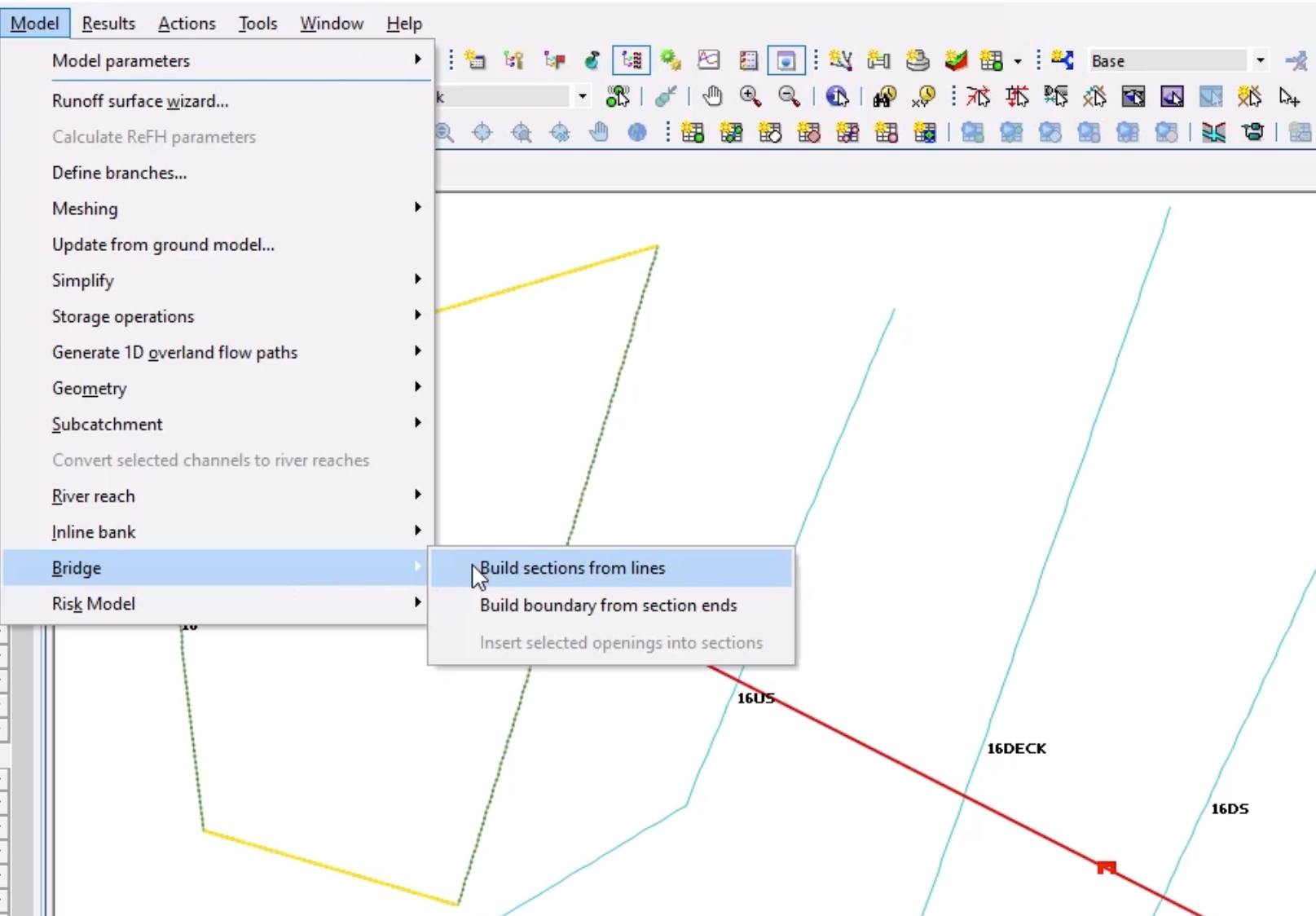 The Model menu with Bridge selected, and in the flyout, Build sections from lines selected; and in the background, the new bridge link selected in red on the GeoPlan.