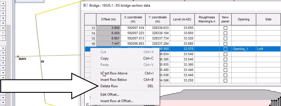 In the Bridge section data window, a row with Opening and Side column entries is selected, and in the shortcut menu, Delete Row is called out.