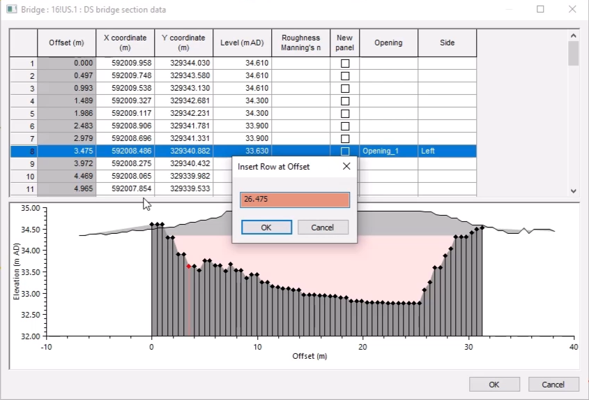 In the Bridge section data window, the row representing the true left side of the opening is selected, and in the Insert Row at Offset popup, 26.475 is entered.