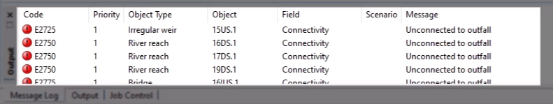 In the Output window, the illegal or missing roughness value errors are listed.