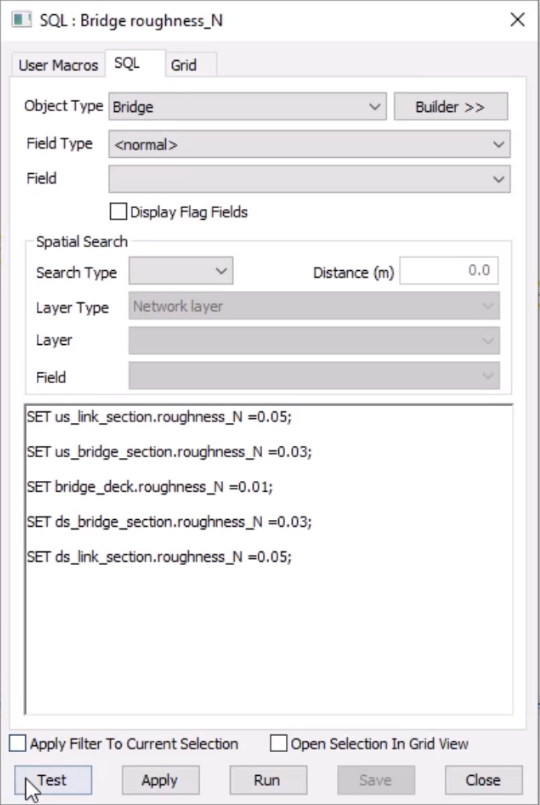 In the SQL dialog box, the query to populate the missing roughness values is entered in the text box, and Test is selected.