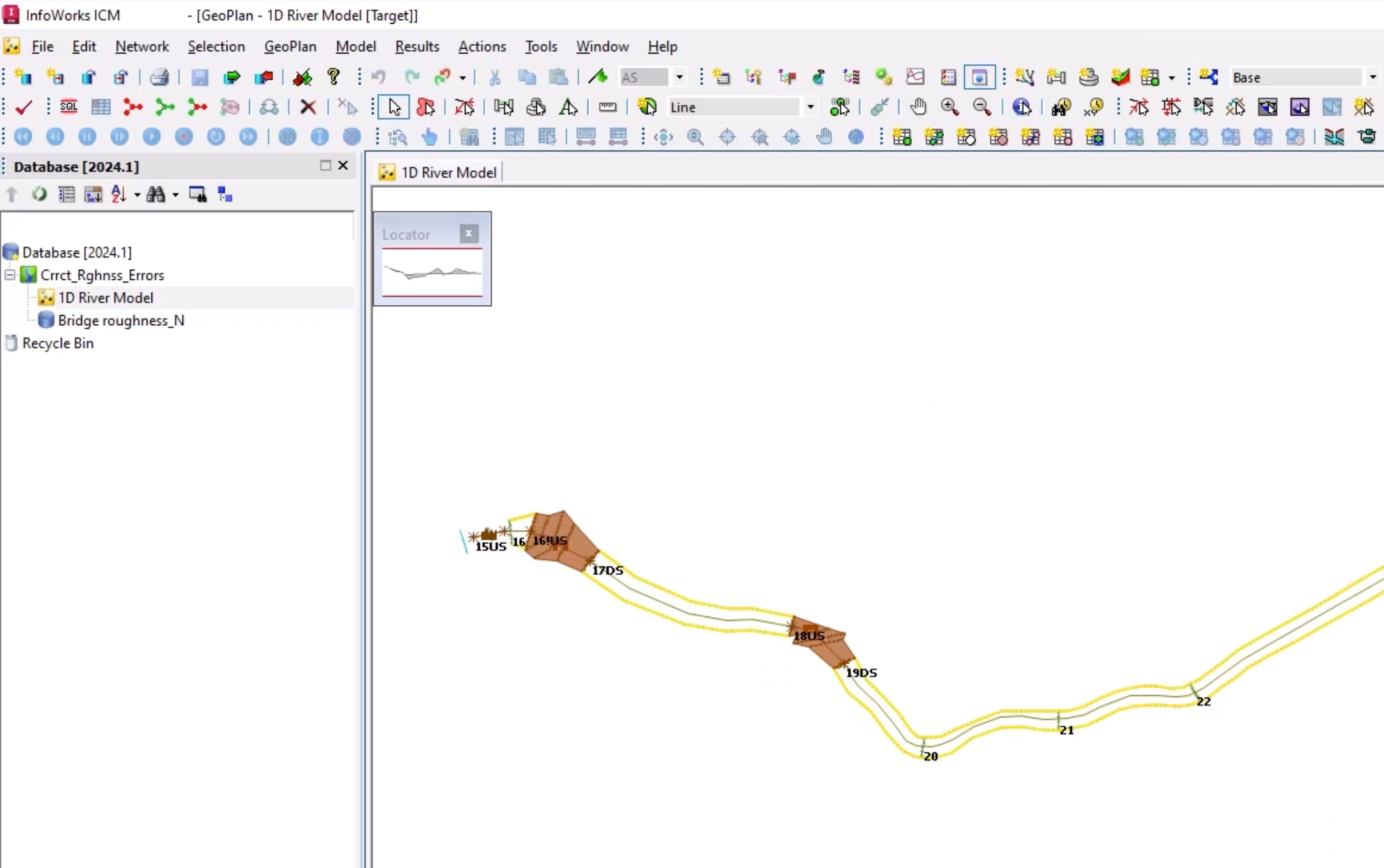 In the InfoWorks ICM interface, 1D River Model is highlighted in the Database and open on the GeoPlan.