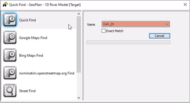 In the Quick Find dialog box, Culv_In is entered in the Name field.
