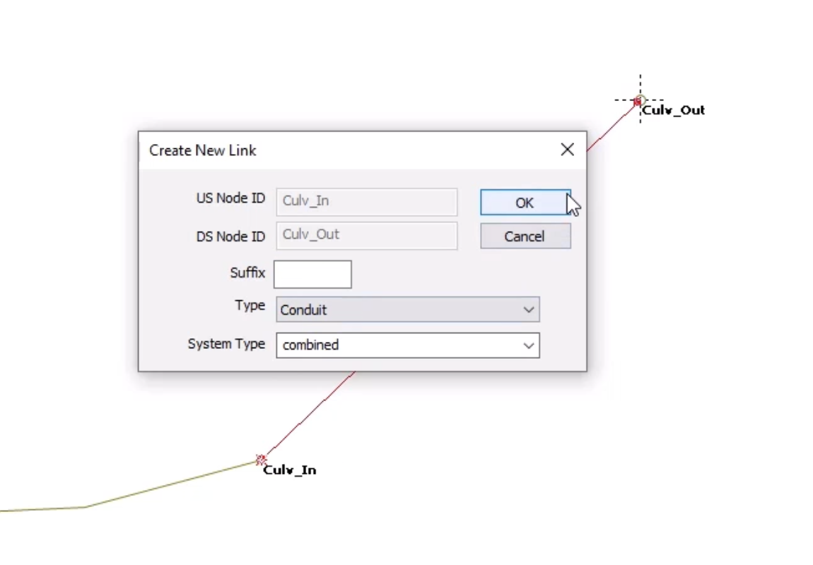 In the GeoPlan, the new link line displays, and in the Create New Link popup, the Type field is set to Conduit, and OK is selected.