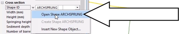 In the Properties window, the Shape ID drop-down is expanded, and Open Shape ARCHSPRING is selected.