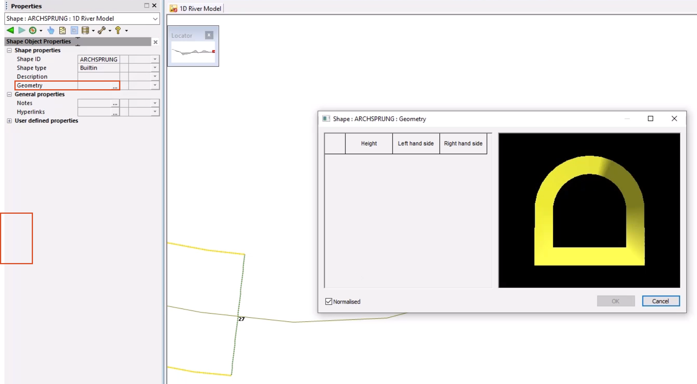 In the Properties window, in the Shape properties section, the Geometry field is highlighted in red; and in the Shape window, an image shows the shape of the opening.