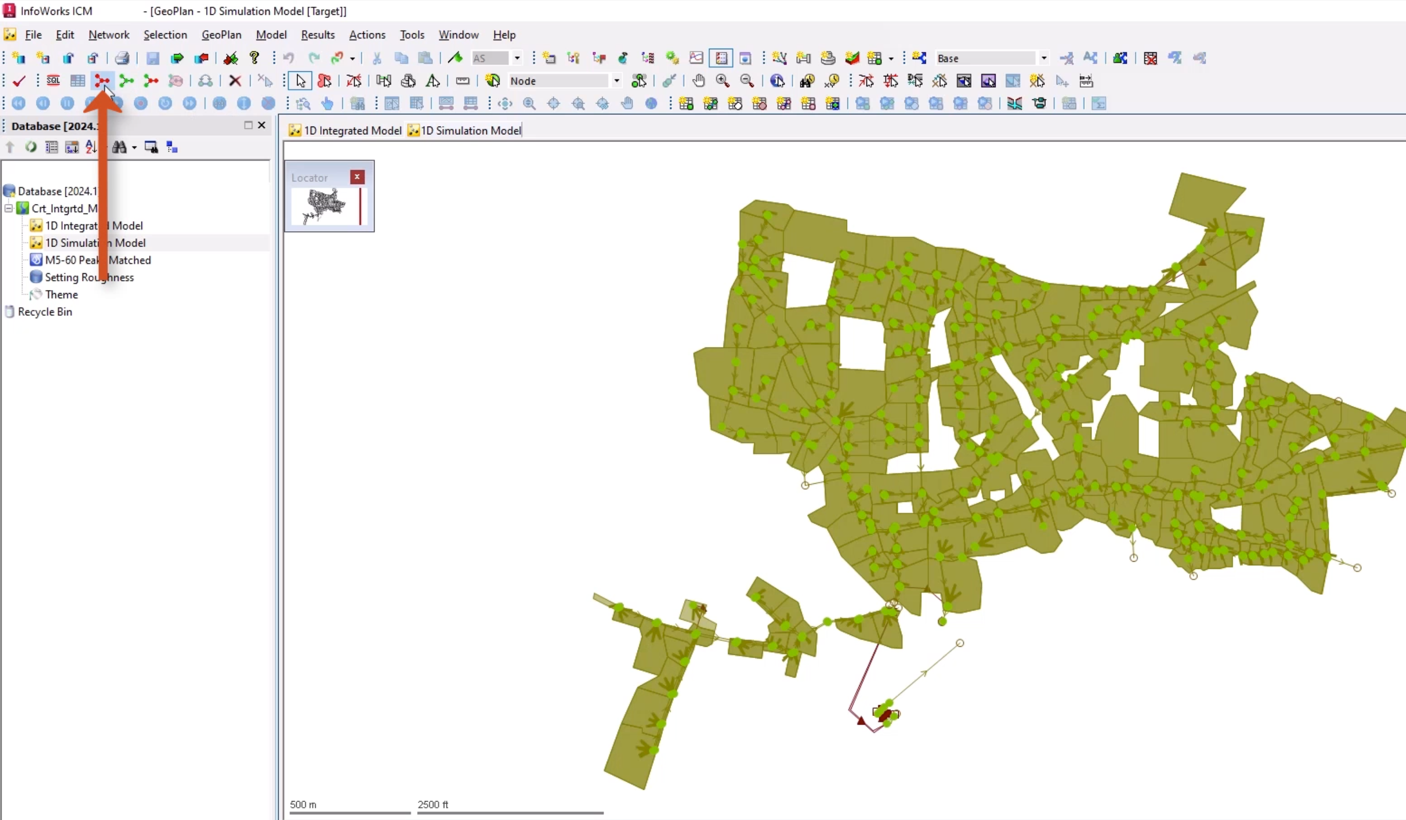 The InfoWorks ICM interface with the 1D Simulation Model window open and selected on the GeoPlan, and in the Selection toolbar, the Select all objects tool selected and called out.