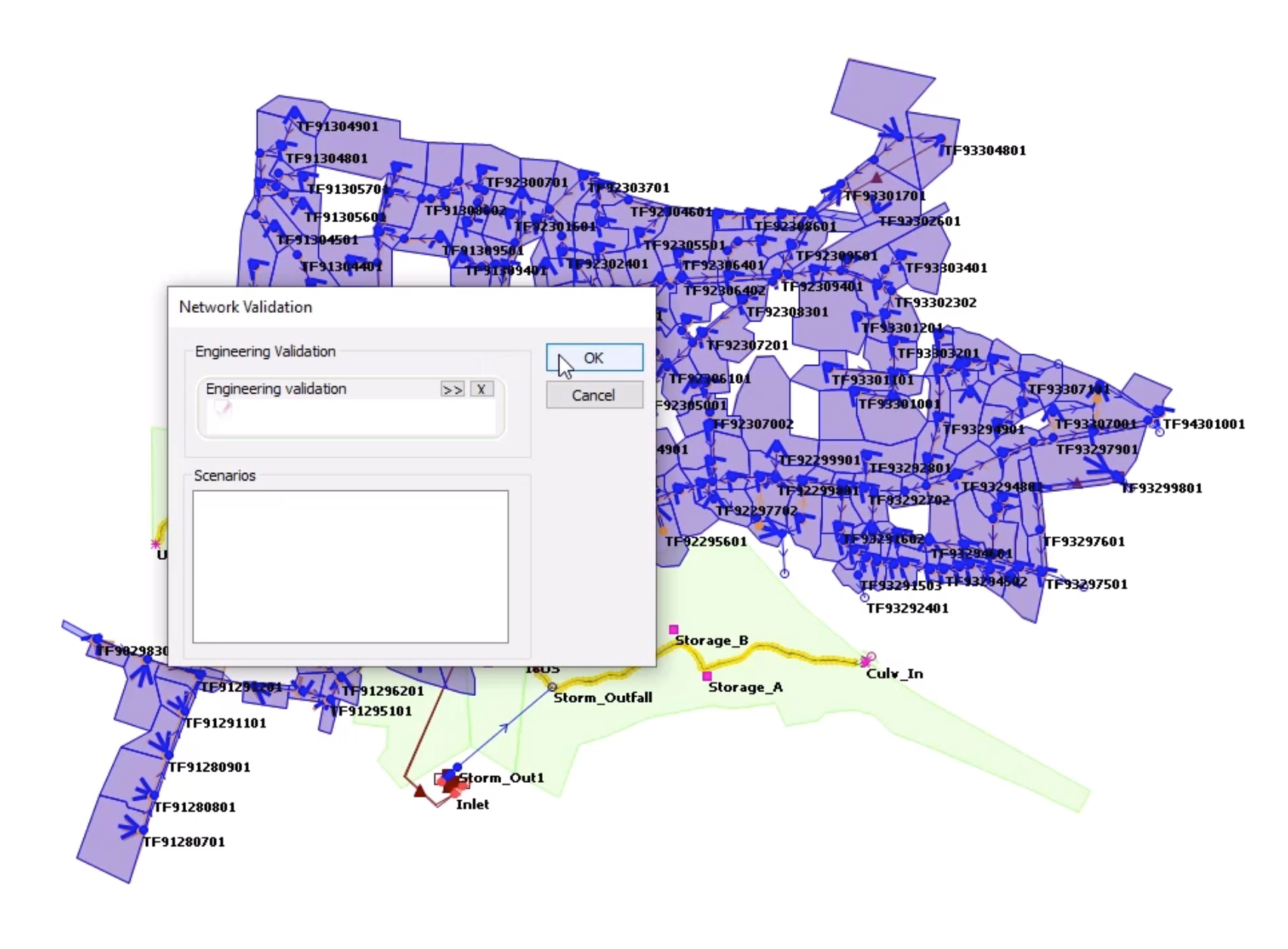 The 1D Integrated model window with the pasted urban drainage model layered over the river model, and the Network Validation dialog box with OK selected.