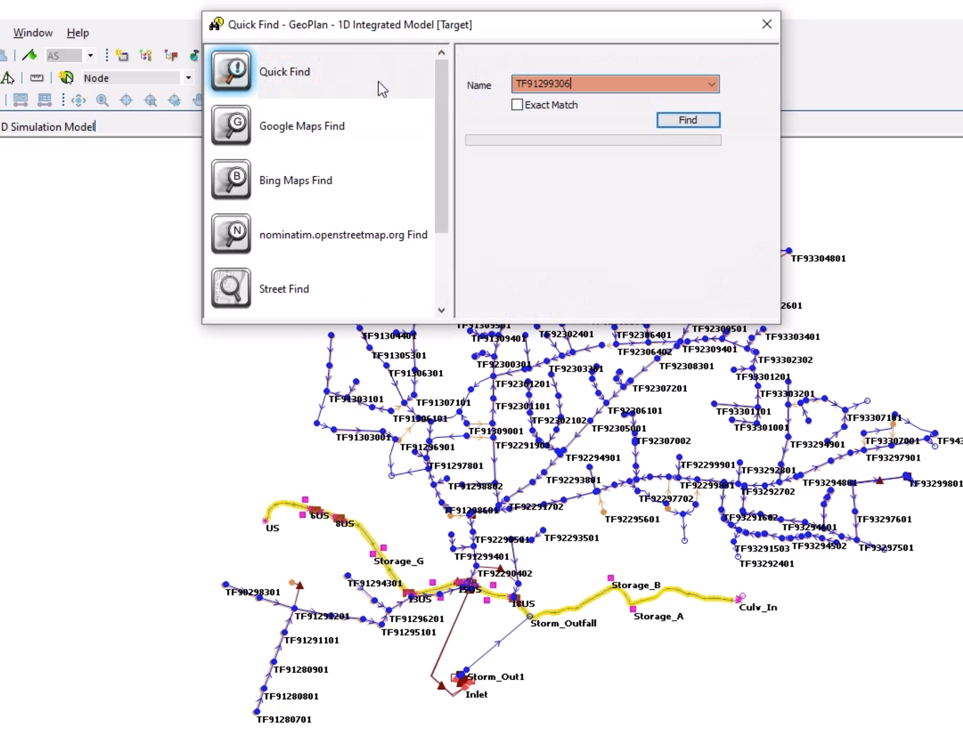 The model with labels added and visual clutter removed, and the Quick Find dialog box set to find the node for this exercise.