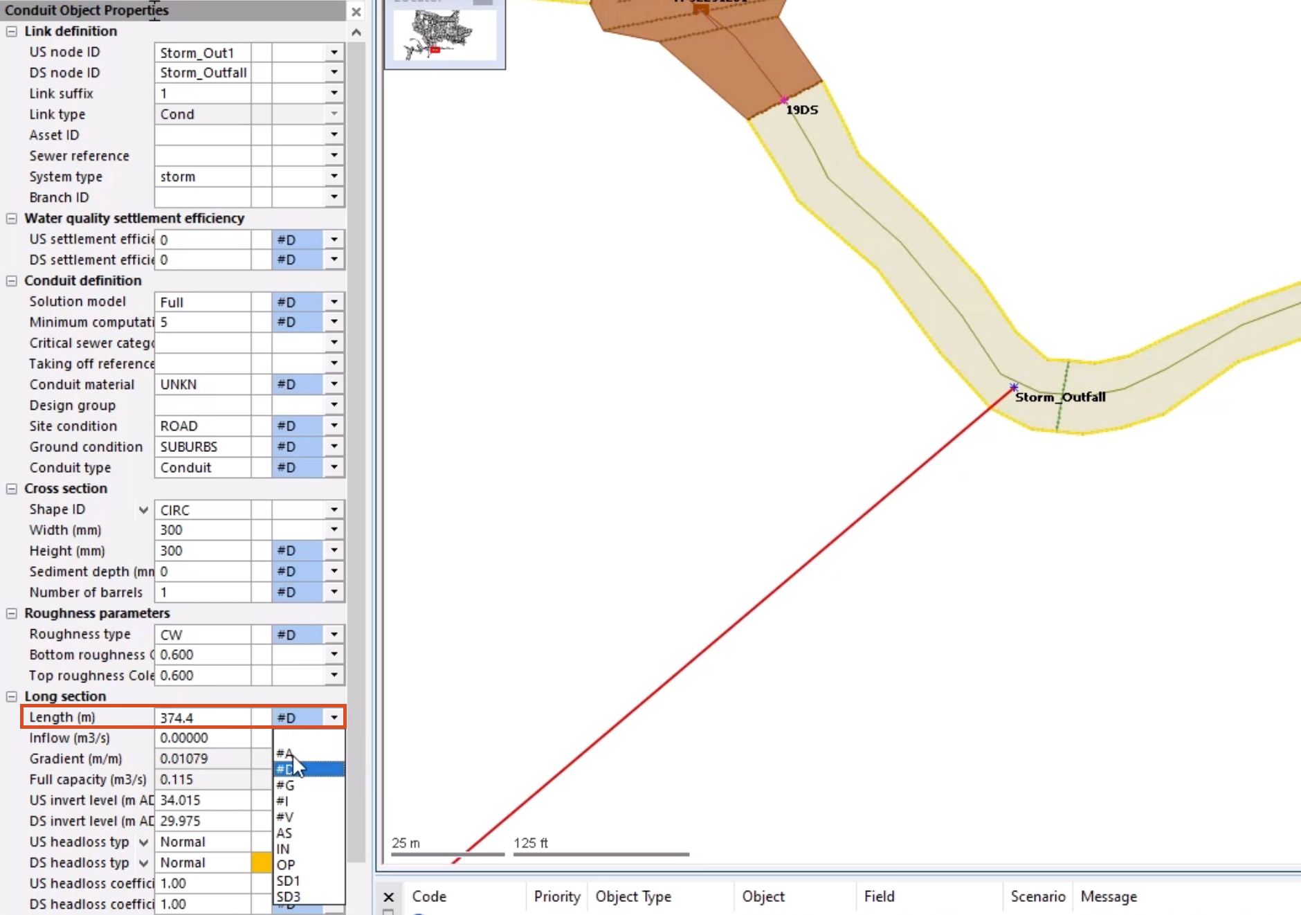 On the GeoPlan, the selected incoming link object is highlighted in red, and in the Properties window, for the Length field, the flag drop-down is expanded to change the flag.