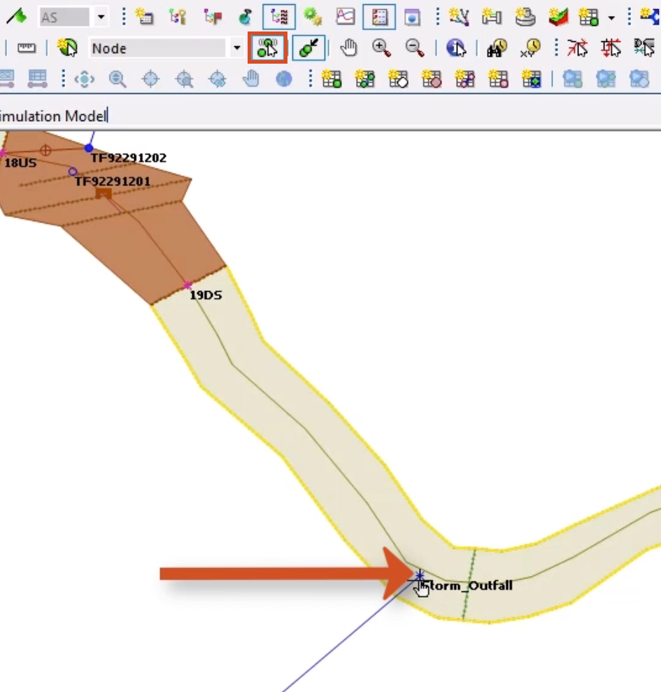 In the GeoPlan Tools toolbar, the Edit object geometry tool is highlighted in red, and on the GeoPlan, the selected node being dropped in a location that intersects the river center line, called out with a red arrow.