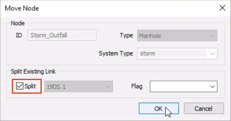 The Move Node dialog box with Split enabled and OK selected.