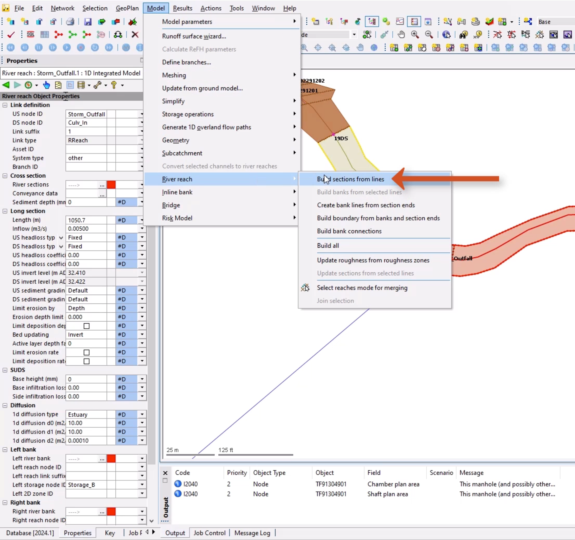 In the Properties window, several inline validation warnings appear for the downstream reach, highlighted in red on the GeoPlan; and in the Model menu, River reach is selected, and Build sections from lines is selected in the flyout.