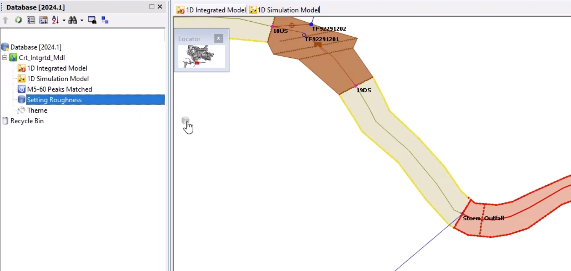 The top of the Database and top-left corner of the GeoPlan, showing the cursor hand dragging the Setting Roughness SQL from the Database onto the GeoPlan.