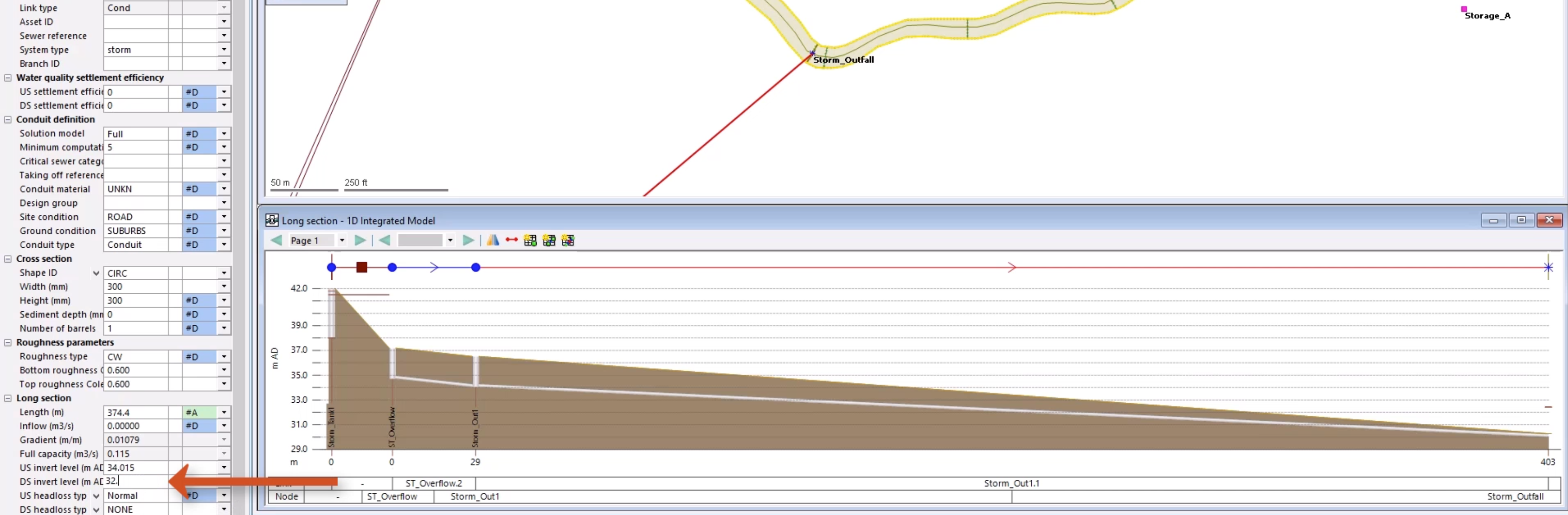 The conduit selected in red on the GeoPlan; below it, the long section window; and in the Properties window, the DS invert level called out, with a corrected value being entered.