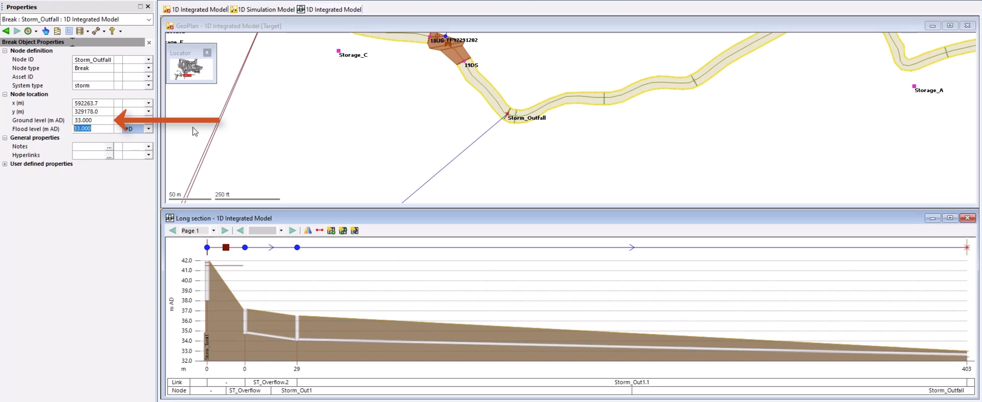 Below the GeoPlan, the long section window, with the Storm_Outfall node selected and highlighted in red; and in the Properties window, the changed node Ground level called out.