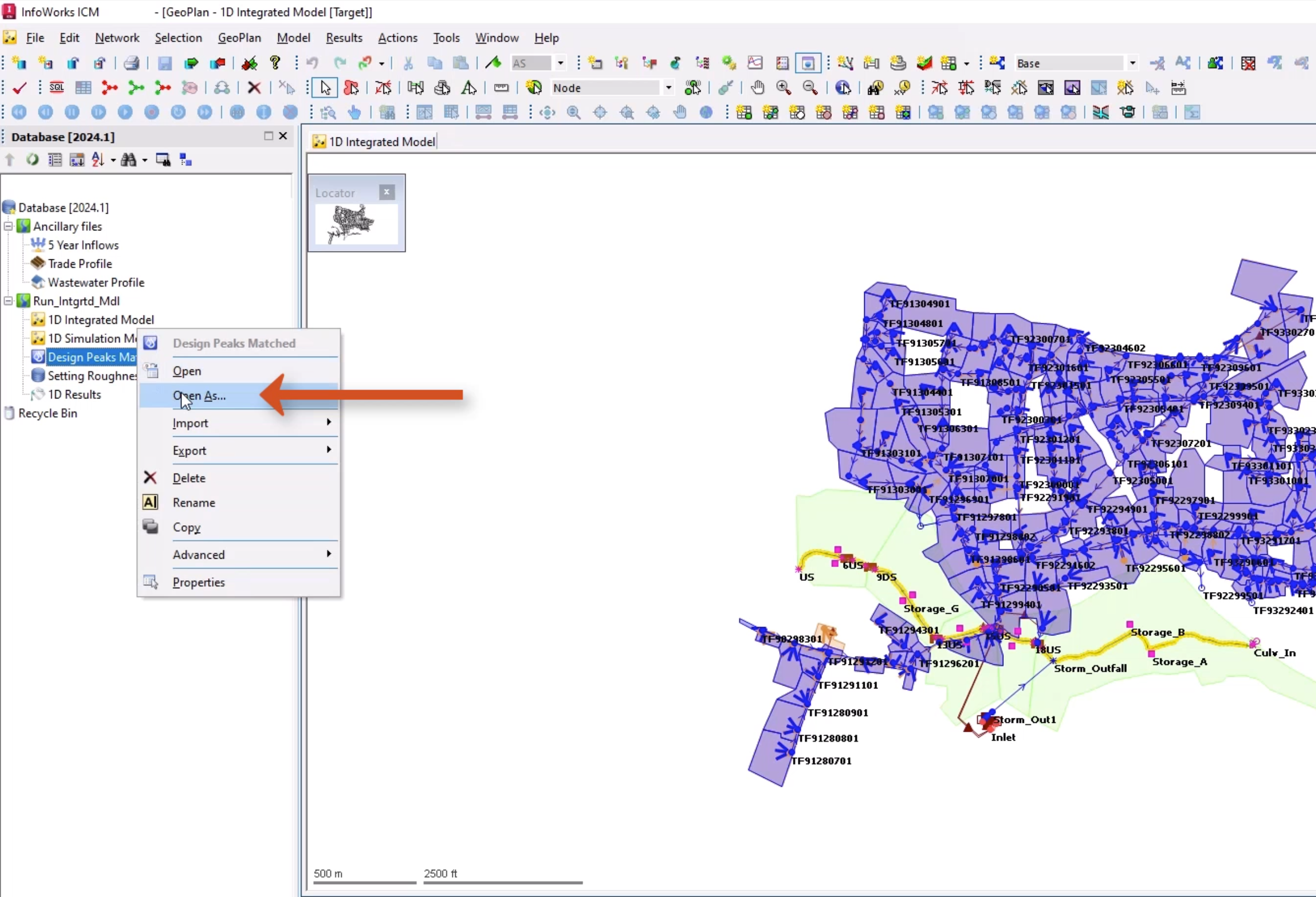 The InfoWorks ICM interface with the integrated model open in the GeoPlan, and in the Database, Open As selected in the Design Peaks Matched shortcut menu.