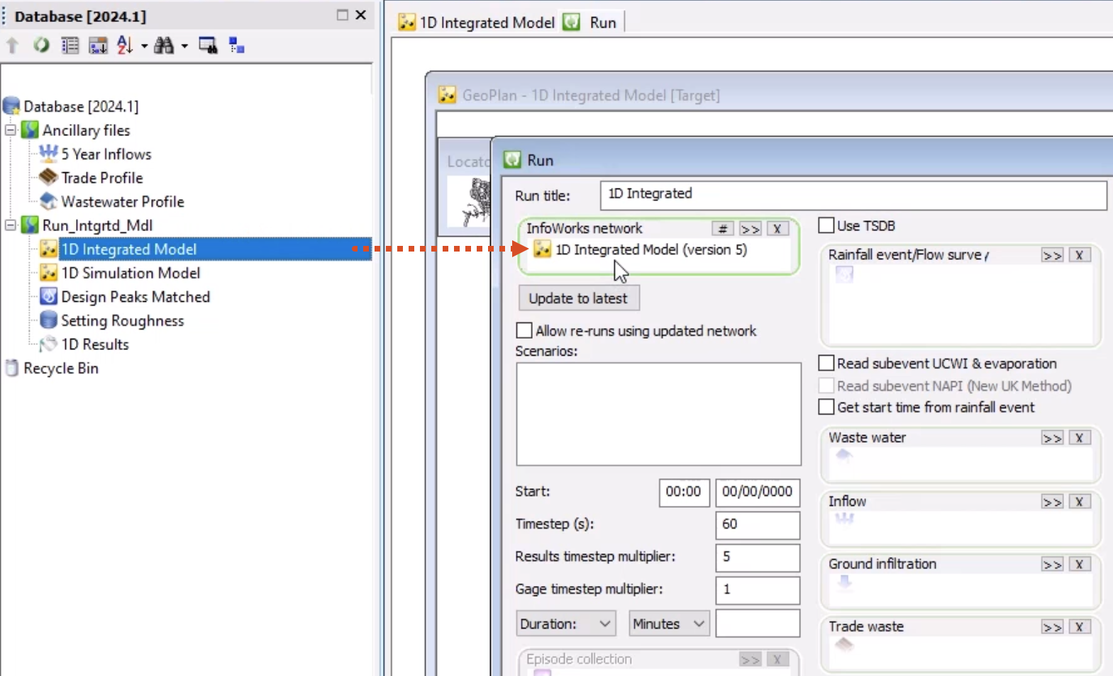 In the Run dialog box, the 1D Integrated Model being dropped into the InfoWorks network box, with a red arrow showing its path from the Database.