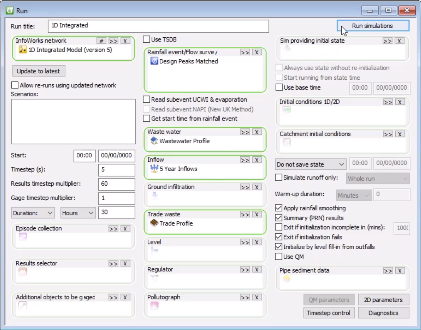 The Run dialog box with all options configured for the simulation for this exercise and Run simulations selected.