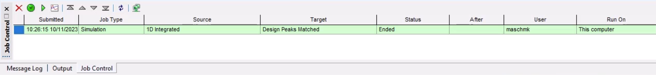 The Job Control window showing the completed simulation in green to indicate completion with no errors or warnings.