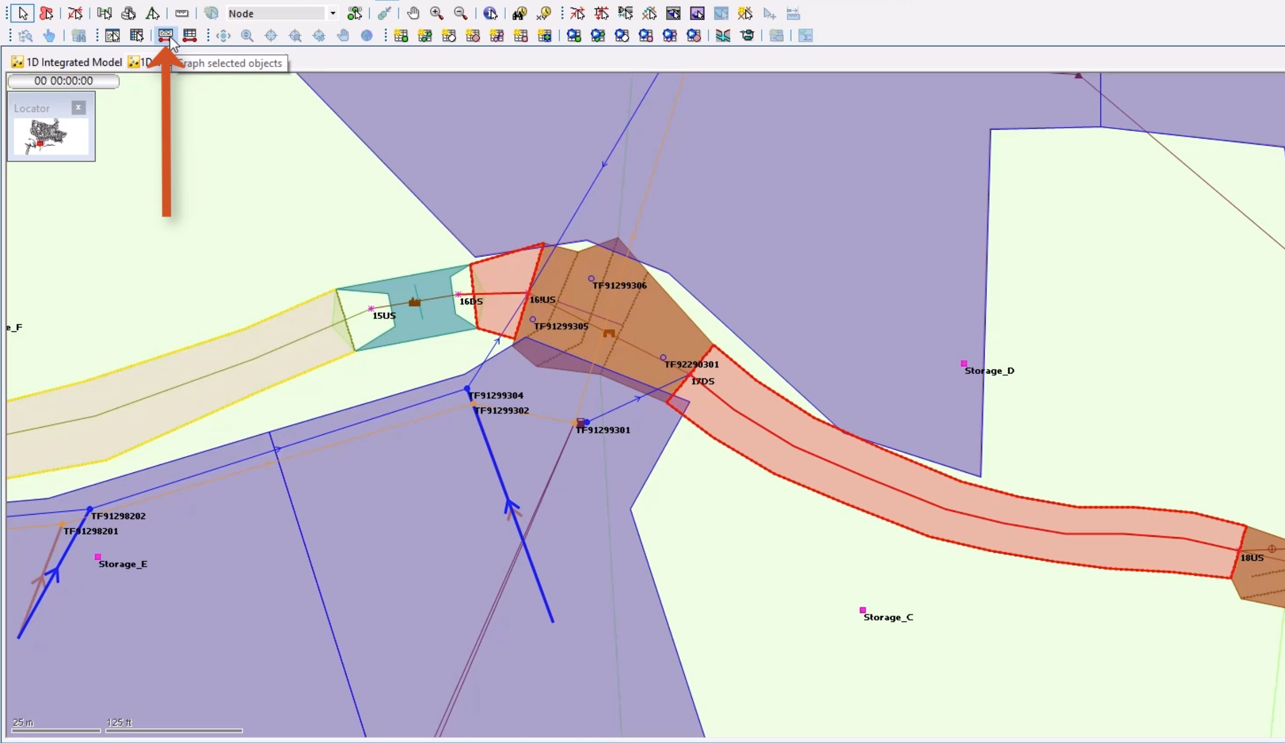 In the GeoPlan, the two found river reaches appear selected in red, and in the Results toolbar, the Graph Selected objects tool is selected and called out.