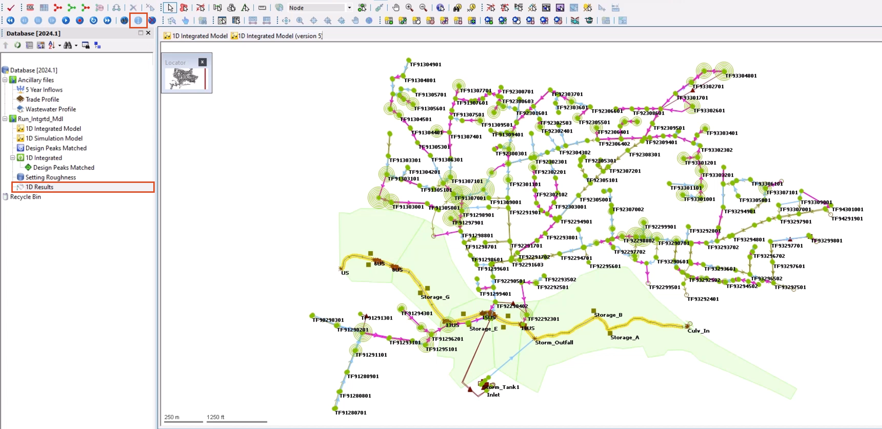 In the GeoPlan, the model with the 1D Results theme applied and showing maxima results, represented by bright pink arrows; with 1D Results highlighted in the Database and the Show maxima button highlighted in the Replay Control toolbar.